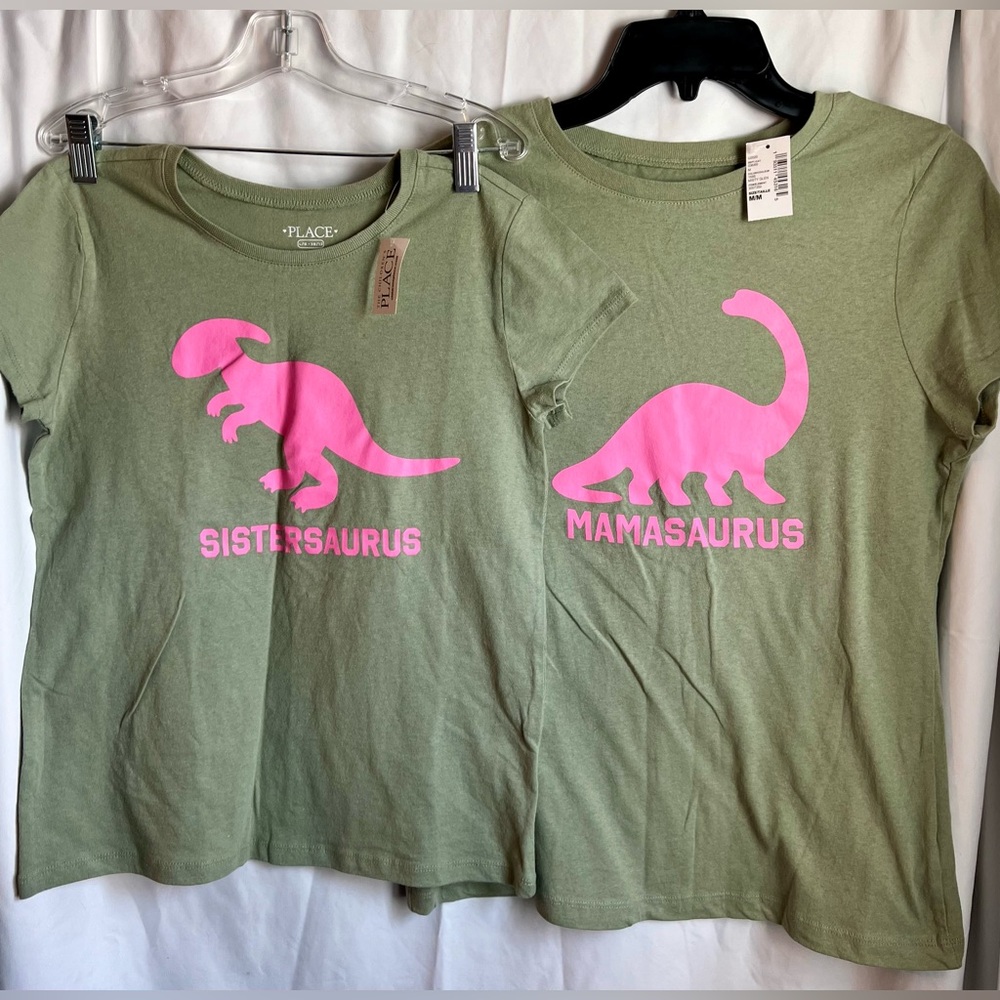 Sistersaurus and Mamasaurus Olive Green Two Tees set. Mom and daughter t-shirt